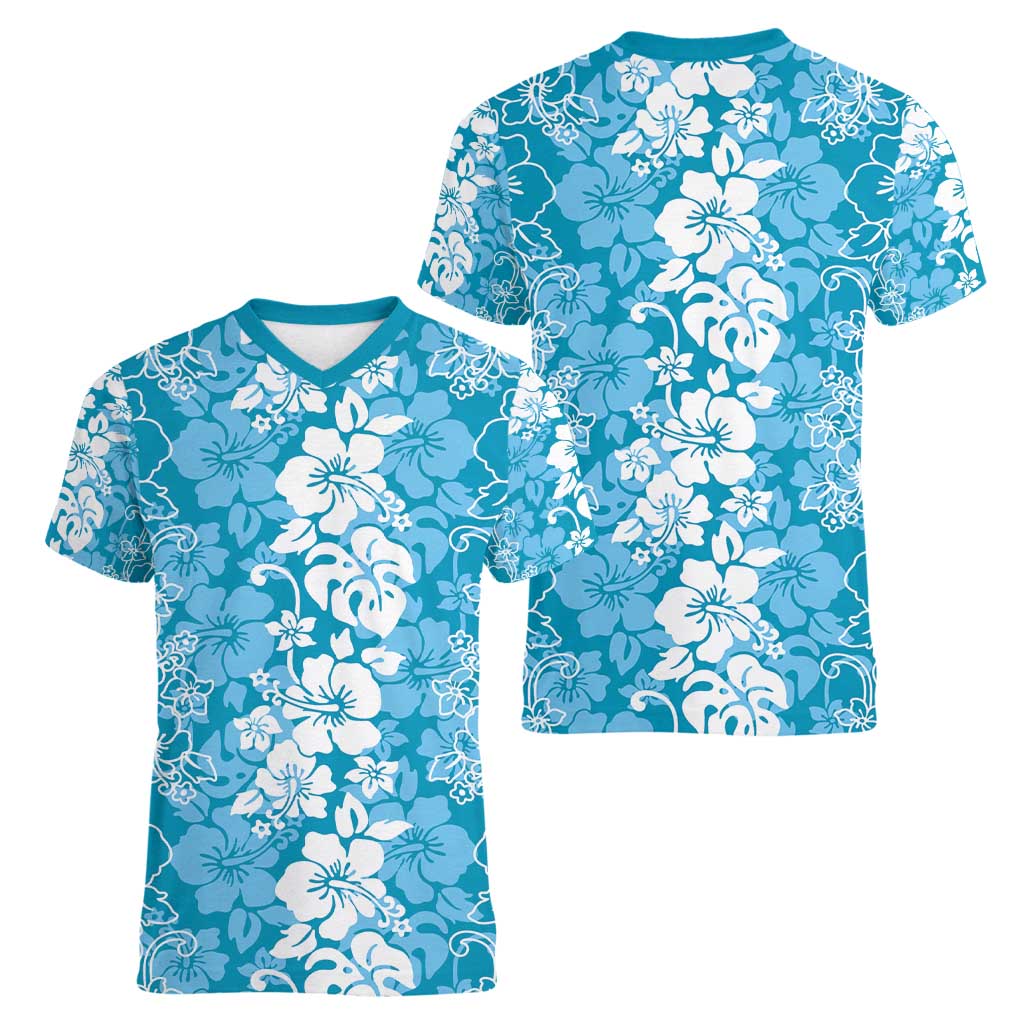Hawaiian Lei Day Women V-Neck T-Shirt Blue Hibiscus Flowers Lei Art