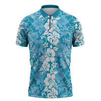 Hawaiian Lei Day Zipper Polo Shirt Blue Hibiscus Flowers Lei Art - Polynesian Pride