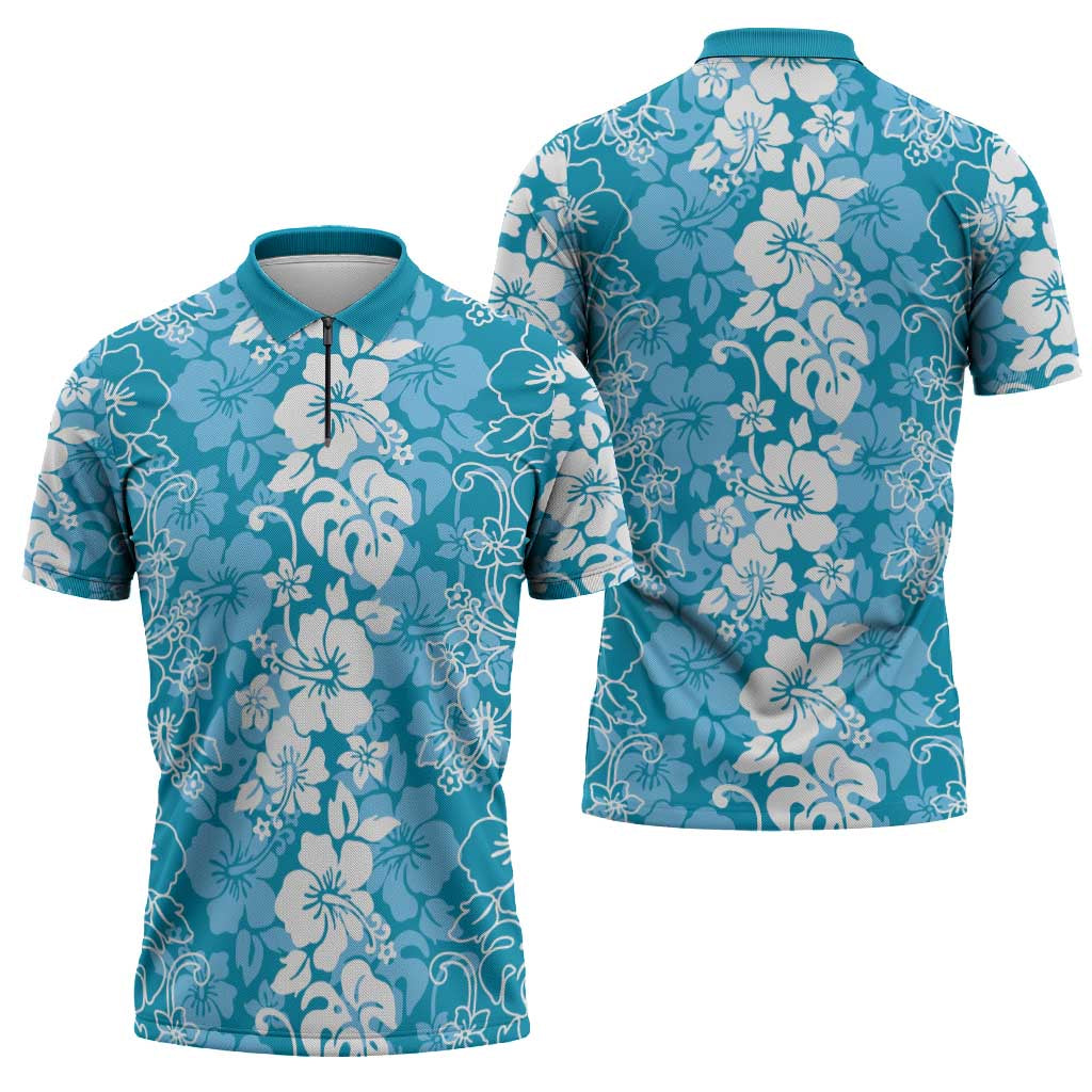 Hawaiian Lei Day Zipper Polo Shirt Blue Hibiscus Flowers Lei Art - Polynesian Pride