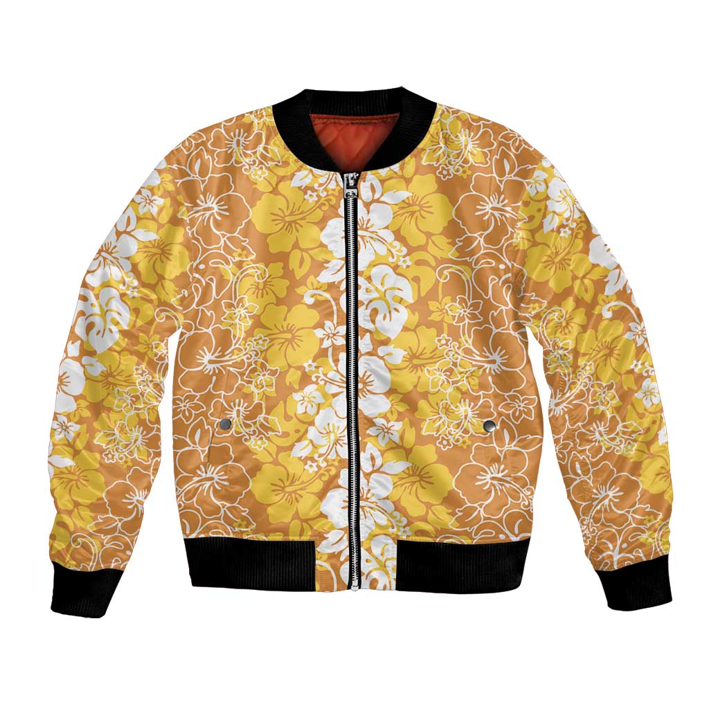 Hawaiian Lei Day Bomber Jacket Gold Hibiscus Flowers Lei Art