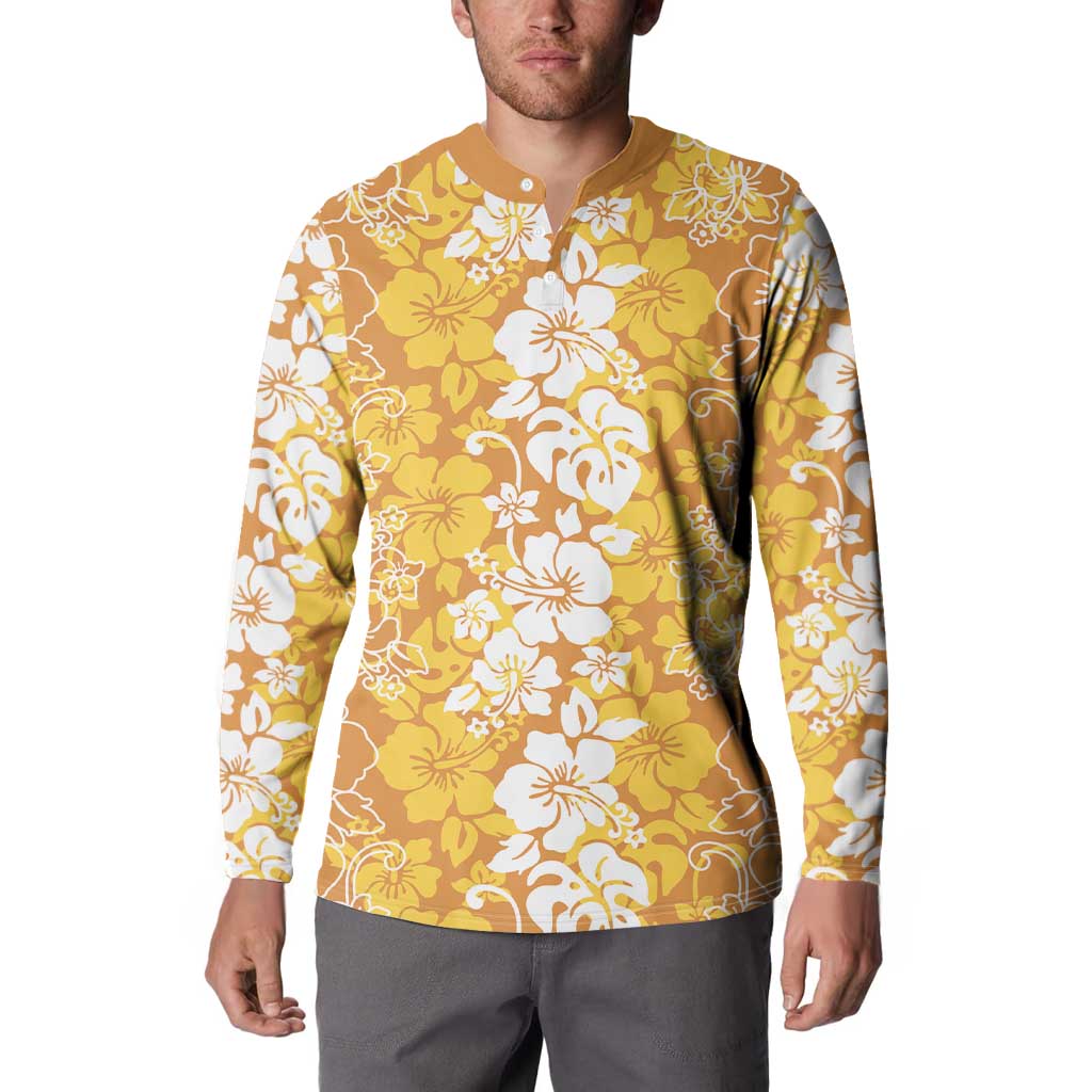 Hawaiian Lei Day Button Sweatshirt Gold Hibiscus Flowers Lei Art