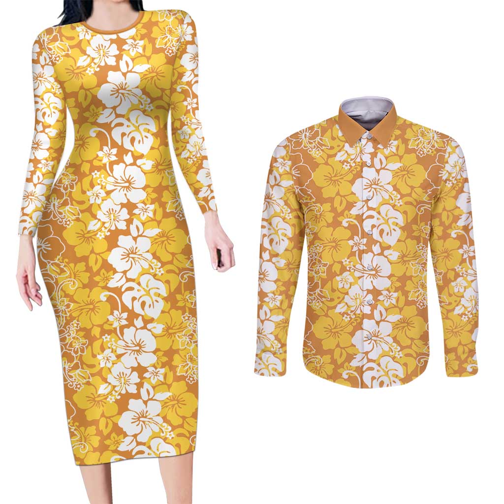 Hawaiian Lei Day Couples Matching Long Sleeve Bodycon Dress and Long Sleeve Button Shirt Gold Hibiscus Flowers Lei Art