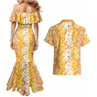 Hawaiian Lei Day Couples Matching Mermaid Dress and Hawaiian Shirt Gold Hibiscus Flowers Lei Art