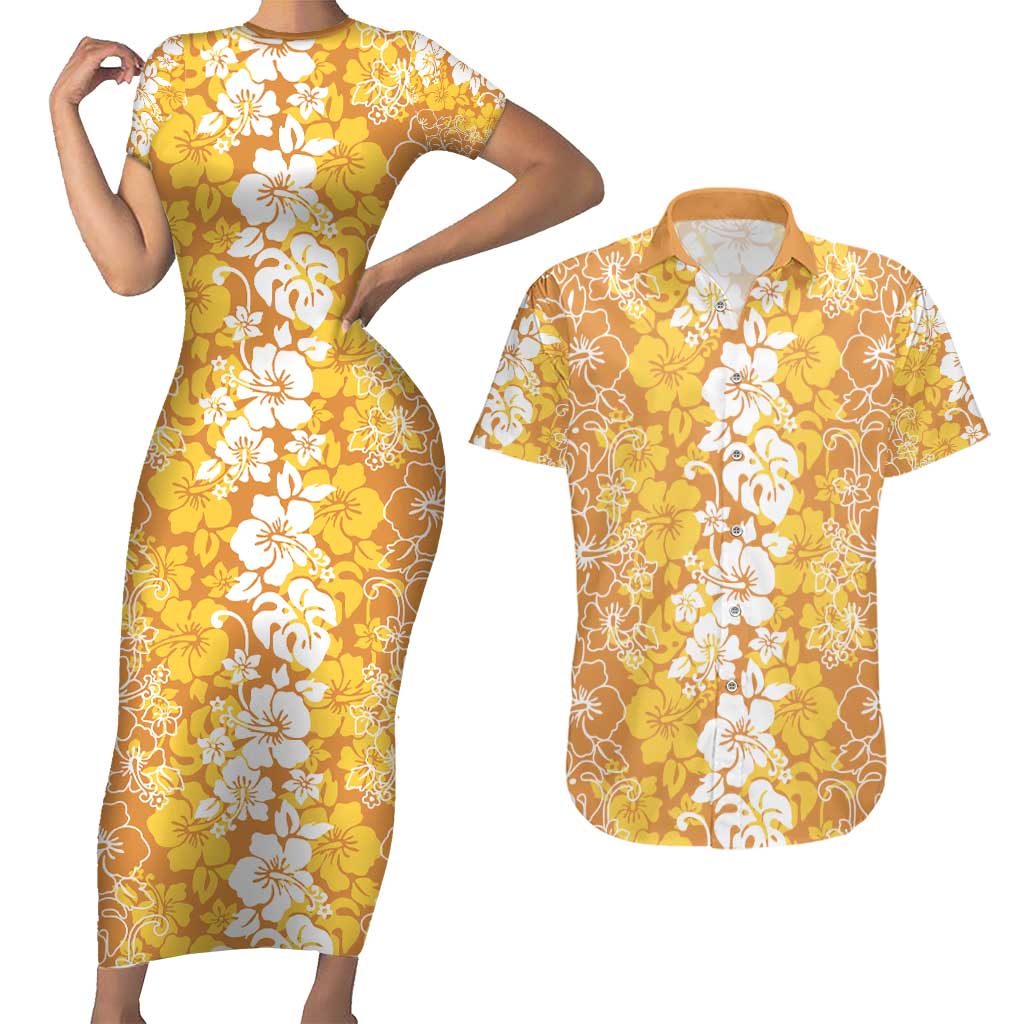 Hawaiian Lei Day Couples Matching Short Sleeve Bodycon Dress and Hawaiian Shirt Gold Hibiscus Flowers Lei Art