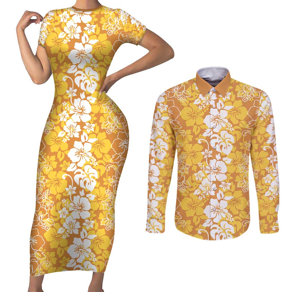 Hawaiian Lei Day Couples Matching Short Sleeve Bodycon Dress and Long Sleeve Button Shirt Gold Hibiscus Flowers Lei Art