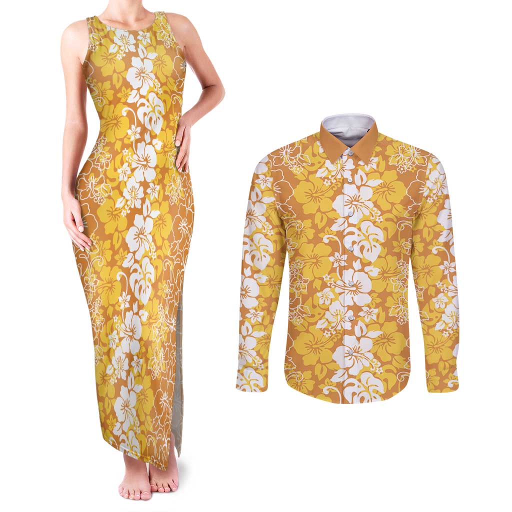 Hawaiian Lei Day Couples Matching Tank Maxi Dress and Long Sleeve Button Shirt Gold Hibiscus Flowers Lei Art