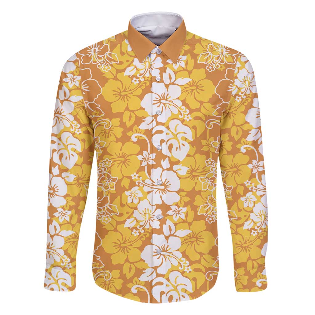Hawaiian Lei Day Family Matching Long Sleeve Bodycon Dress and Hawaiian Shirt Gold Hibiscus Flowers Lei Art