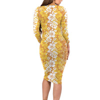Hawaiian Lei Day Family Matching Long Sleeve Bodycon Dress and Hawaiian Shirt Gold Hibiscus Flowers Lei Art
