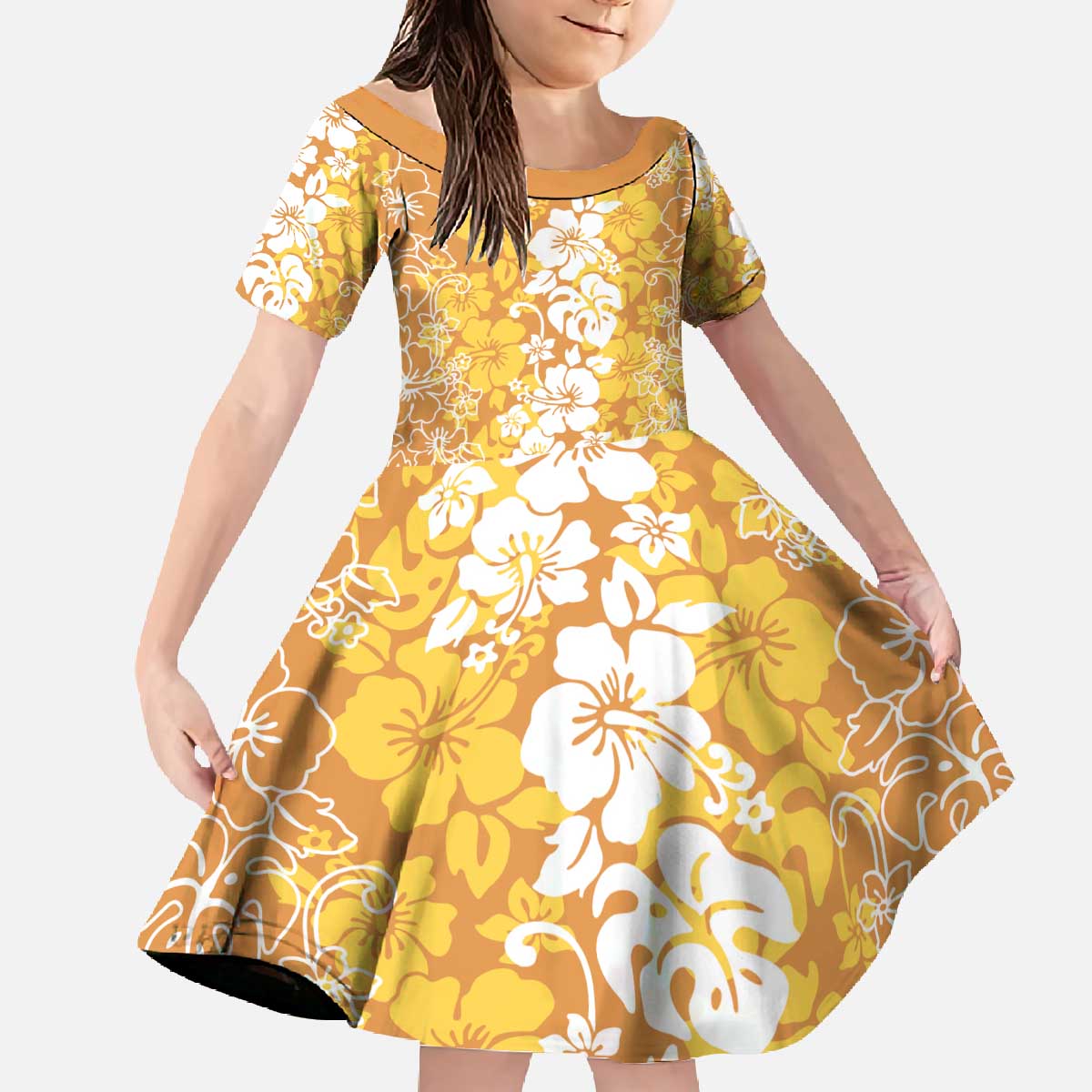 Hawaiian Lei Day Family Matching Off The Shoulder Long Sleeve Dress and Hawaiian Shirt Gold Hibiscus Flowers Lei Art LT9 Daughter's Dress Gold - Polynesian Pride