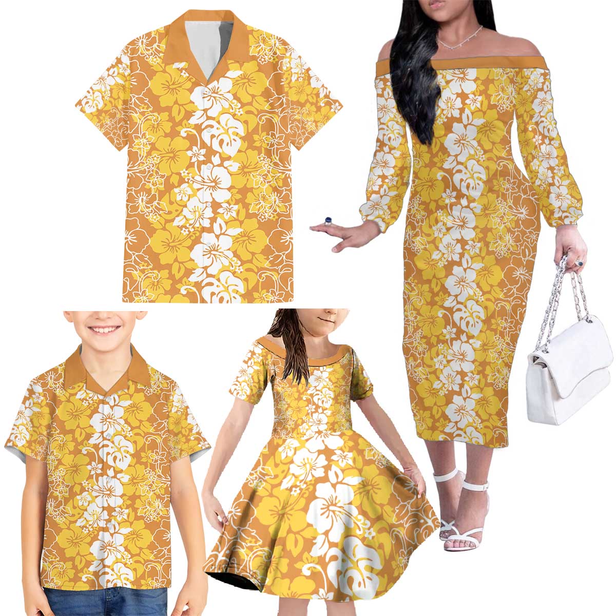 Hawaiian Lei Day Family Matching Off The Shoulder Long Sleeve Dress and Hawaiian Shirt Gold Hibiscus Flowers Lei Art