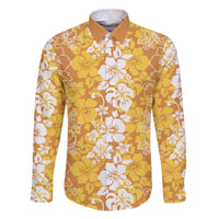 Hawaiian Lei Day Family Matching Off The Shoulder Long Sleeve Dress and Hawaiian Shirt Gold Hibiscus Flowers Lei Art LT9 Dad's Shirt - Long Sleeve Gold - Polynesian Pride