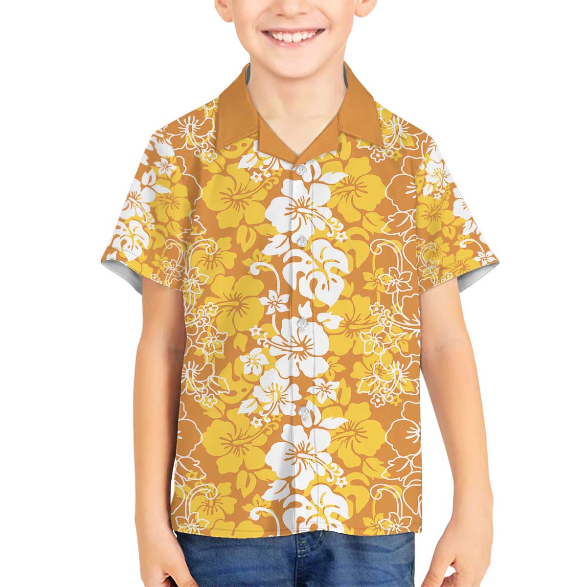 Hawaiian Lei Day Family Matching Off The Shoulder Long Sleeve Dress and Hawaiian Shirt Gold Hibiscus Flowers Lei Art LT9 Son's Shirt Gold - Polynesian Pride