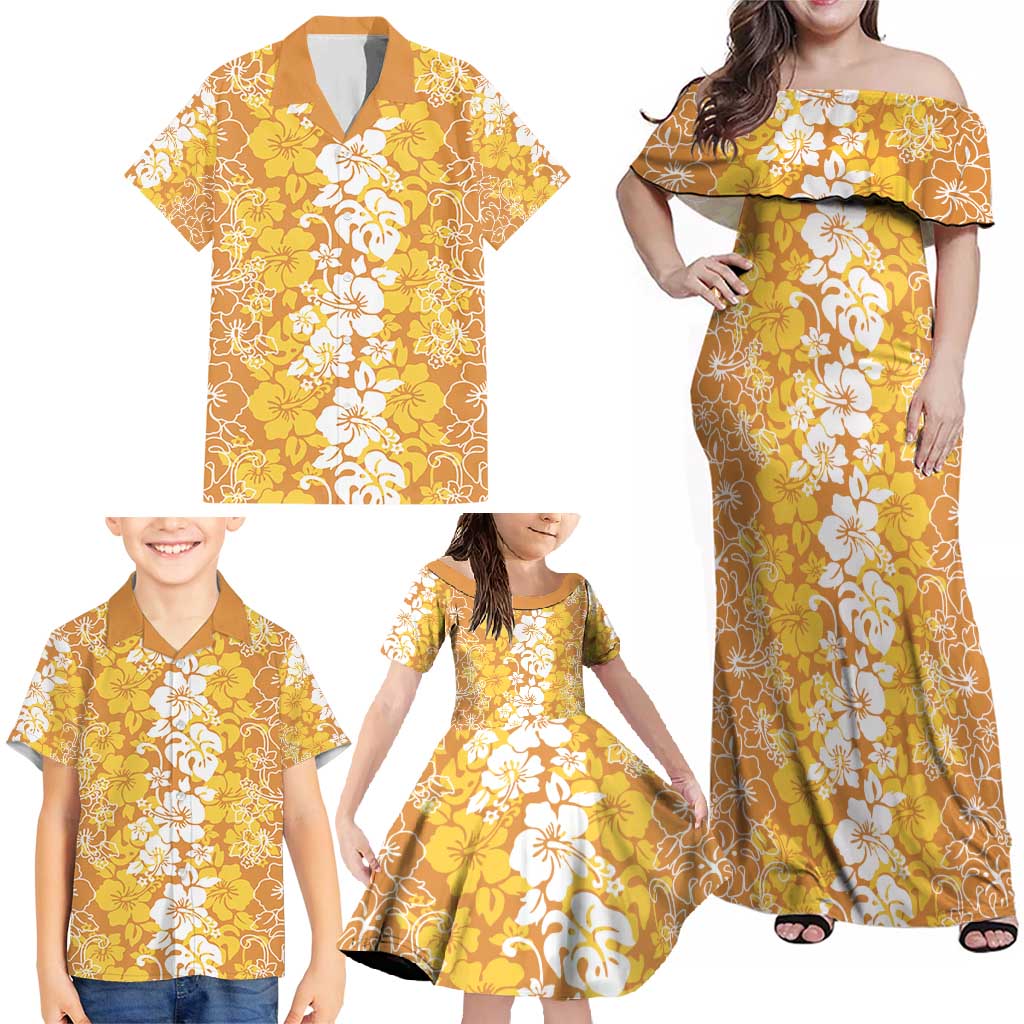Hawaiian Lei Day Family Matching Off Shoulder Maxi Dress and Hawaiian Shirt Gold Hibiscus Flowers Lei Art