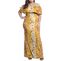 Hawaiian Lei Day Family Matching Off Shoulder Maxi Dress and Hawaiian Shirt Gold Hibiscus Flowers Lei Art