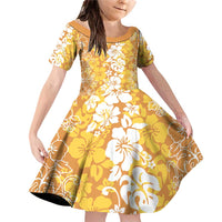 Hawaiian Lei Day Family Matching Off Shoulder Short Dress and Hawaiian Shirt Gold Hibiscus Flowers Lei Art