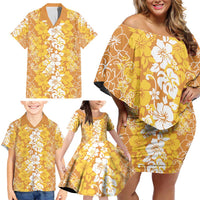 Hawaiian Lei Day Family Matching Off Shoulder Short Dress and Hawaiian Shirt Gold Hibiscus Flowers Lei Art