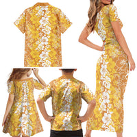 Hawaiian Lei Day Family Matching Short Sleeve Bodycon Dress and Hawaiian Shirt Gold Hibiscus Flowers Lei Art