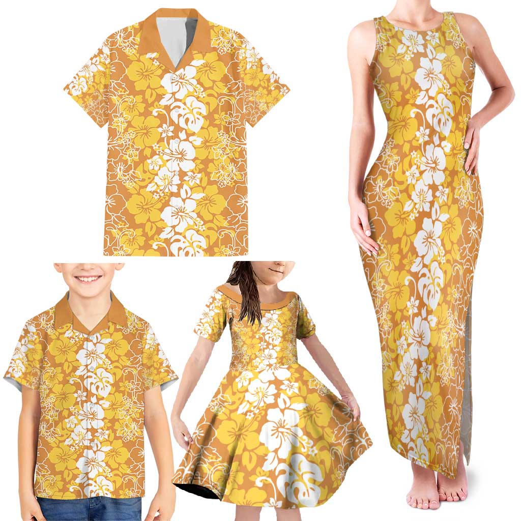 Hawaiian Lei Day Family Matching Tank Maxi Dress and Hawaiian Shirt Gold Hibiscus Flowers Lei Art