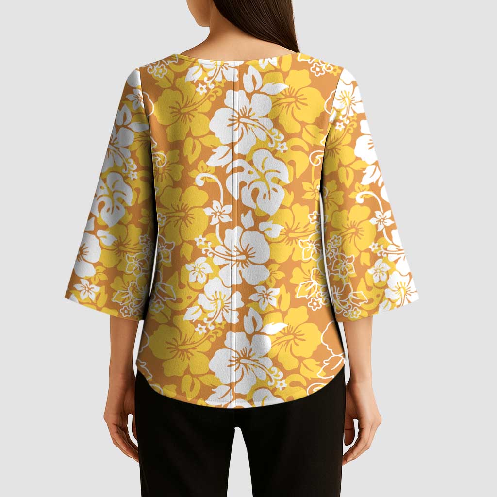 Hawaiian Lei Day Kimono Sleeve Blouse Gold Hibiscus Flowers Lei Art - Polynesian Pride