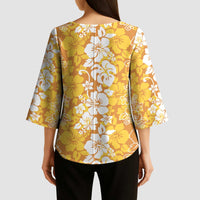 Hawaiian Lei Day Kimono Sleeve Blouse Gold Hibiscus Flowers Lei Art - Polynesian Pride