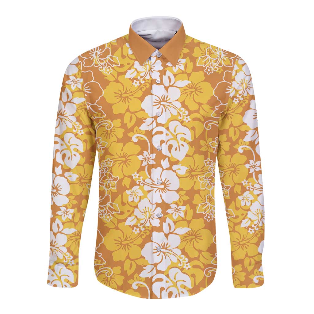 Hawaiian Lei Day Long Sleeve Button Shirt Gold Hibiscus Flowers Lei Art