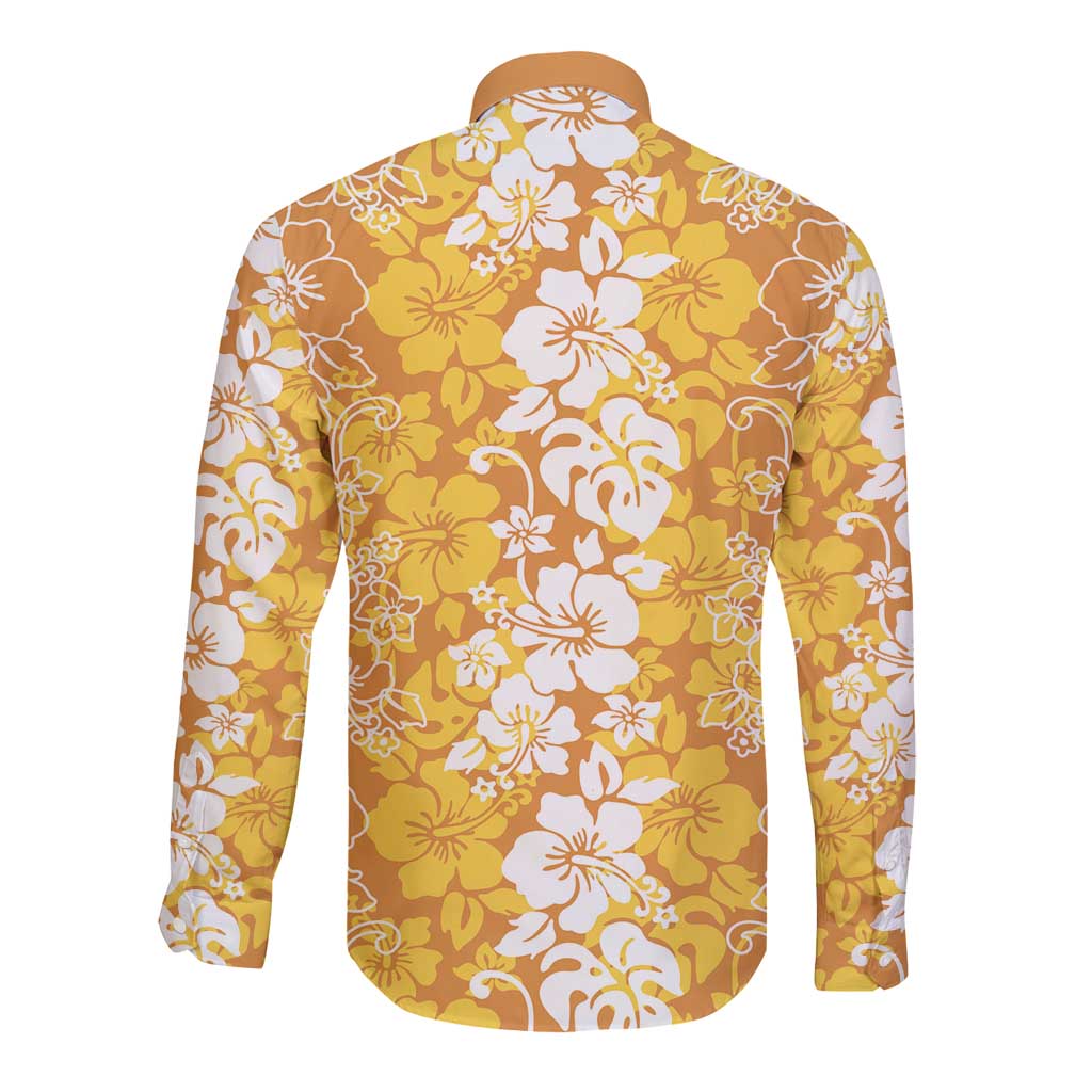 Hawaiian Lei Day Long Sleeve Button Shirt Gold Hibiscus Flowers Lei Art