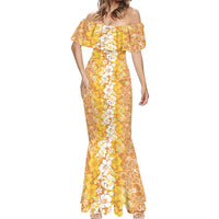 Hawaiian Lei Day Mermaid Dress Gold Hibiscus Flowers Lei Art