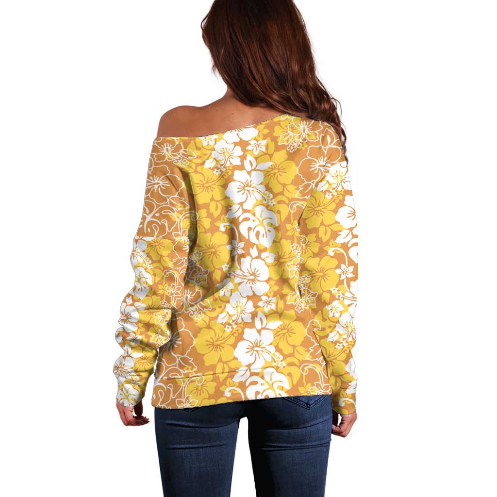 Hawaiian Lei Day Off Shoulder Sweater Gold Hibiscus Flowers Lei Art
