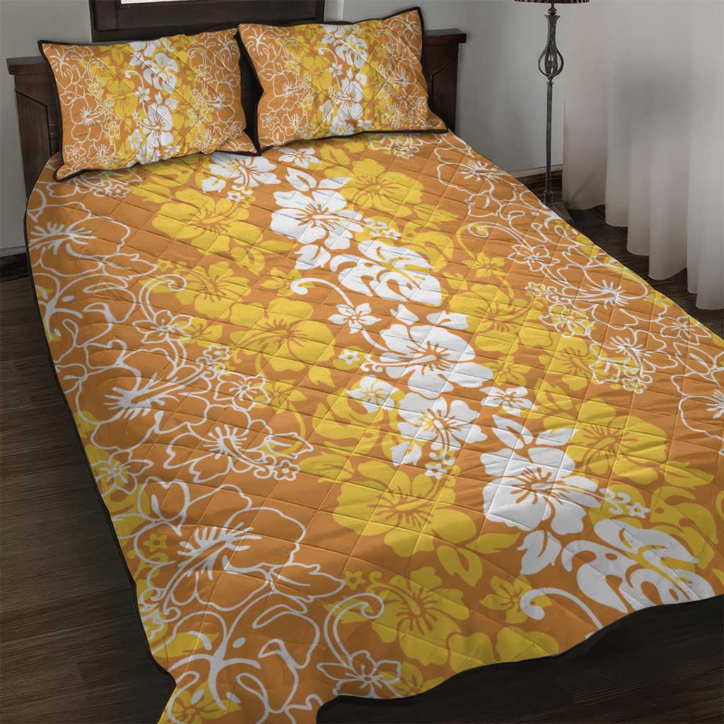 Hawaiian Lei Day Quilt Bed Set Gold Hibiscus Flowers Lei Art