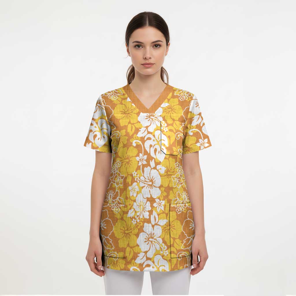 Hawaiian Lei Day Scrub Top Gold Hibiscus Flowers Lei Art - Polynesian Pride