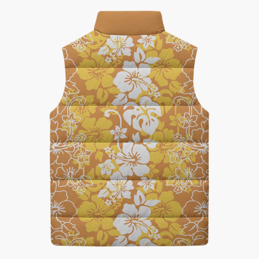 Hawaiian Lei Day Sleeveless Puffer Jacket Gold Hibiscus Flowers Lei Art - Polynesian Pride