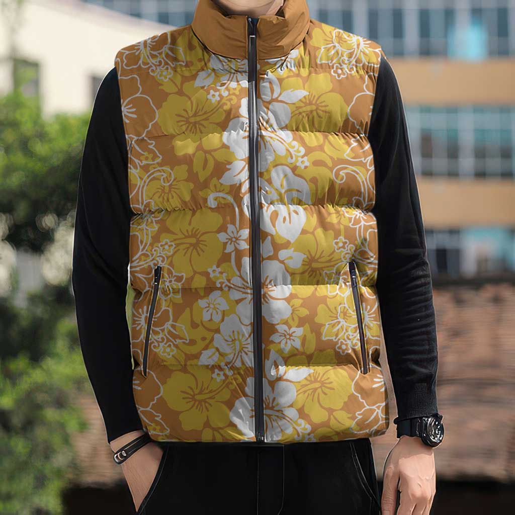 Hawaiian Lei Day Sleeveless Puffer Jacket Gold Hibiscus Flowers Lei Art - Polynesian Pride