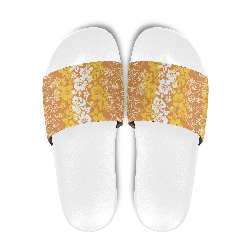 Hawaiian Lei Day Slide Sandals Gold Hibiscus Flowers Lei Art - Polynesian Pride