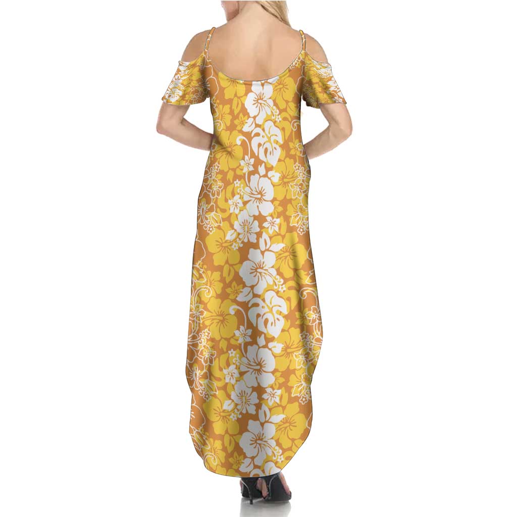 Hawaiian Lei Day Summer Maxi Dress Gold Hibiscus Flowers Lei Art