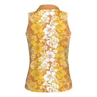 Hawaiian Lei Day Women Sleeveless Polo Shirt Gold Hibiscus Flowers Lei Art