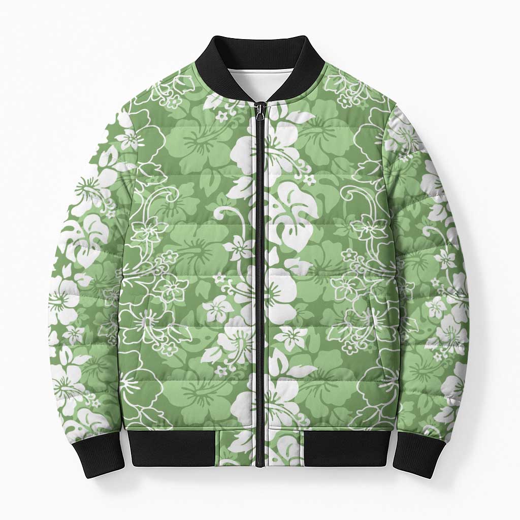 Hawaiian Lei Day Bomber Puffer Jacket Green Hibiscus Flowers Lei Art - Polynesian Pride