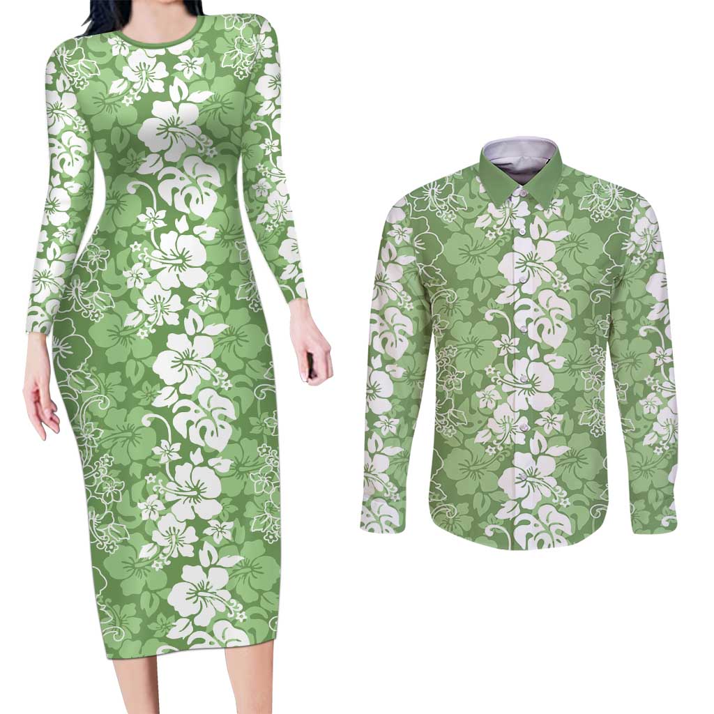 Hawaiian Lei Day Couples Matching Long Sleeve Bodycon Dress and Long Sleeve Button Shirt Green Hibiscus Flowers Lei Art