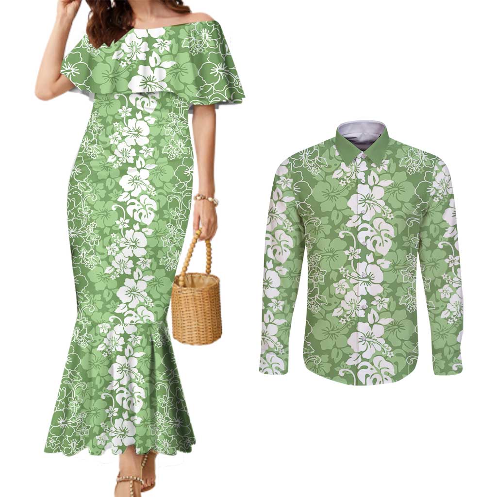 Hawaiian Lei Day Couples Matching Mermaid Dress and Long Sleeve Button Shirt Green Hibiscus Flowers Lei Art