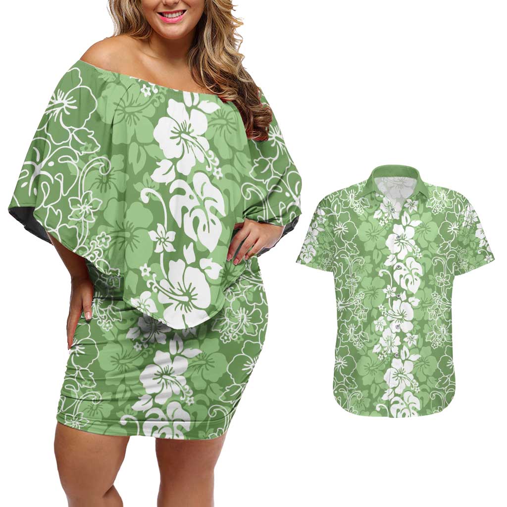 Hawaiian Lei Day Couples Matching Off Shoulder Short Dress and Hawaiian Shirt Green Hibiscus Flowers Lei Art