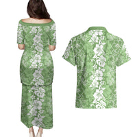 Hawaiian Lei Day Couples Matching Puletasi and Hawaiian Shirt Green Hibiscus Flowers Lei Art