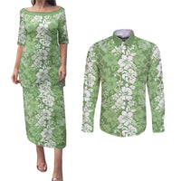 Hawaiian Lei Day Couples Matching Puletasi and Long Sleeve Button Shirt Green Hibiscus Flowers Lei Art