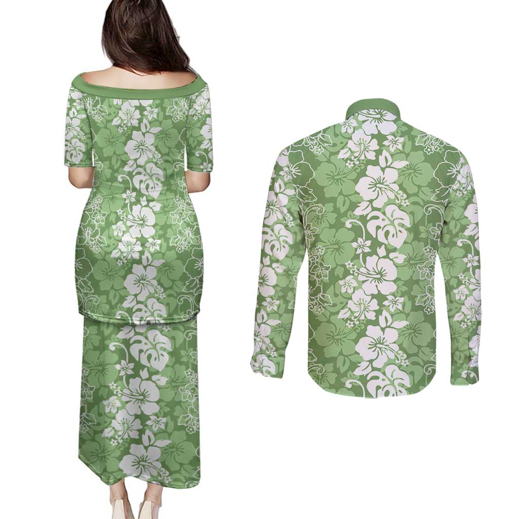 Hawaiian Lei Day Couples Matching Puletasi and Long Sleeve Button Shirt Green Hibiscus Flowers Lei Art