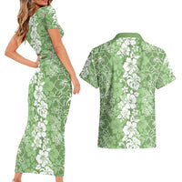 Hawaiian Lei Day Couples Matching Short Sleeve Bodycon Dress and Hawaiian Shirt Green Hibiscus Flowers Lei Art