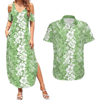 Hawaiian Lei Day Couples Matching Summer Maxi Dress and Hawaiian Shirt Green Hibiscus Flowers Lei Art