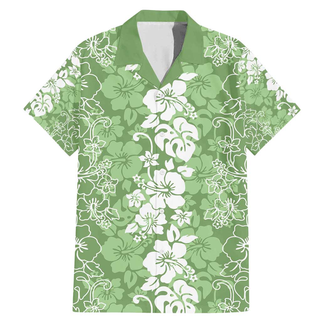 Hawaiian Lei Day Family Matching Mermaid Dress and Hawaiian Shirt Green Hibiscus Flowers Lei Art
