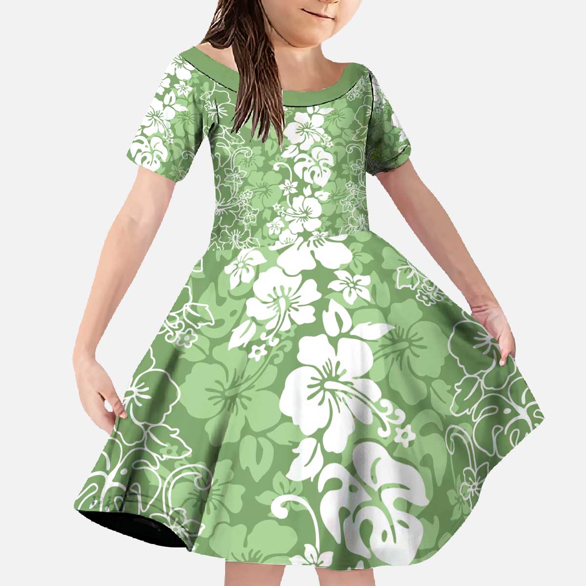 Hawaiian Lei Day Family Matching Off The Shoulder Long Sleeve Dress and Hawaiian Shirt Green Hibiscus Flowers Lei Art LT9 Daughter's Dress Green - Polynesian Pride