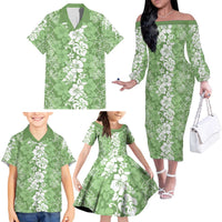 Hawaiian Lei Day Family Matching Off The Shoulder Long Sleeve Dress and Hawaiian Shirt Green Hibiscus Flowers Lei Art LT9 - Polynesian Pride