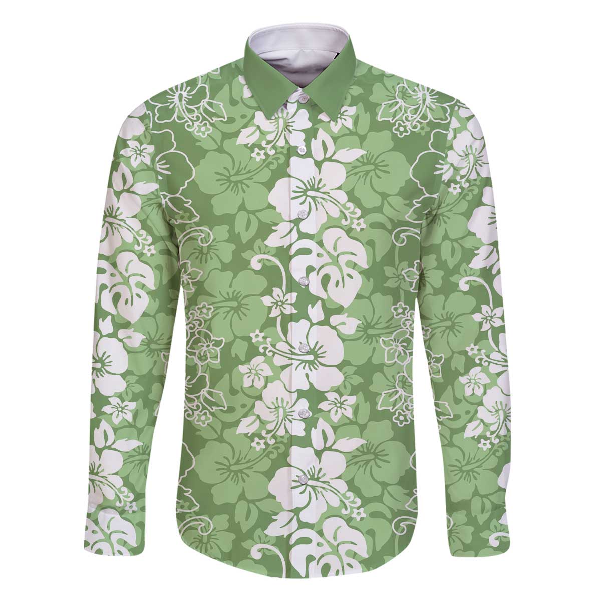 Hawaiian Lei Day Family Matching Off The Shoulder Long Sleeve Dress and Hawaiian Shirt Green Hibiscus Flowers Lei Art LT9 Dad's Shirt - Long Sleeve Green - Polynesian Pride