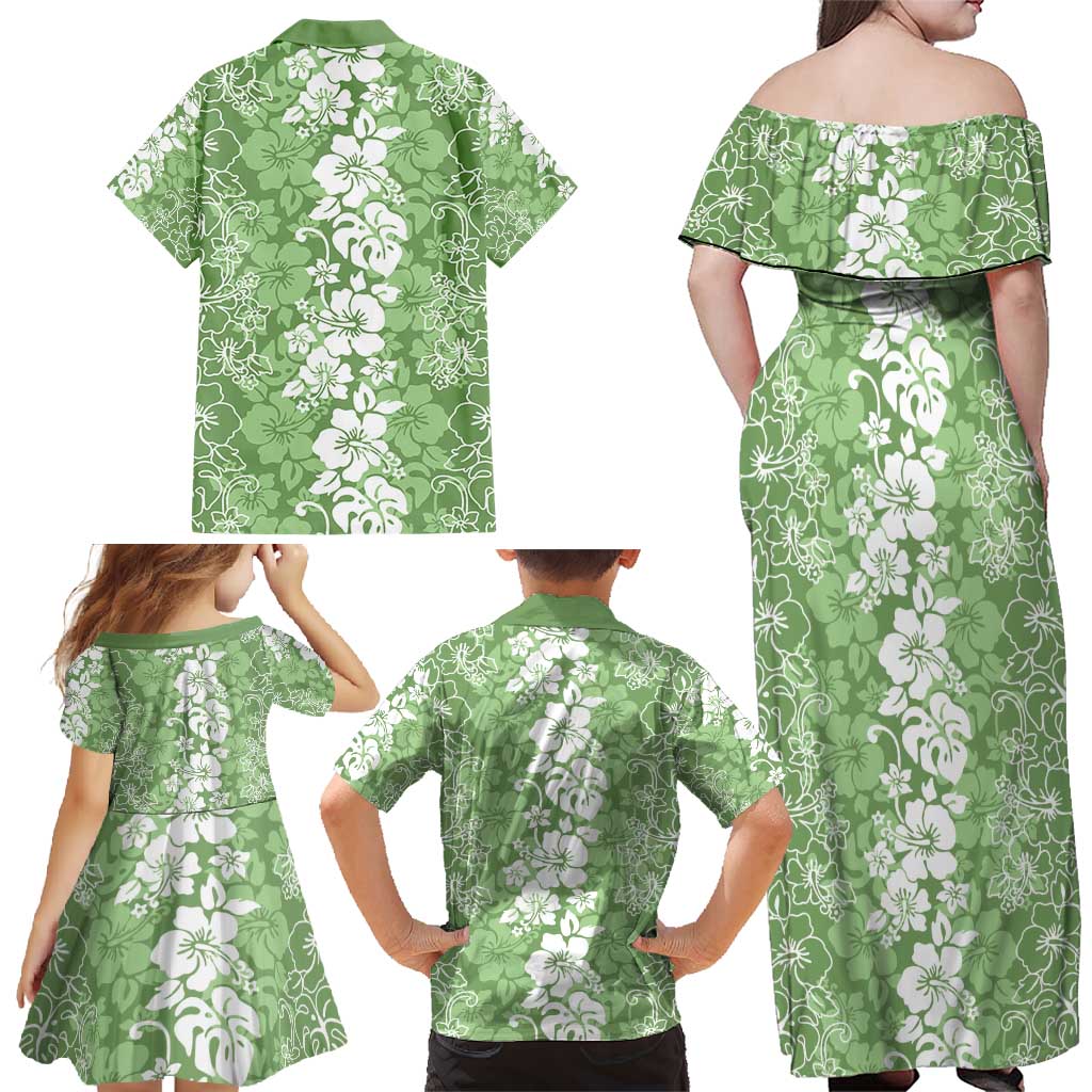 Hawaiian Lei Day Family Matching Off Shoulder Maxi Dress and Hawaiian Shirt Green Hibiscus Flowers Lei Art