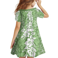 Hawaiian Lei Day Family Matching Off Shoulder Short Dress and Hawaiian Shirt Green Hibiscus Flowers Lei Art